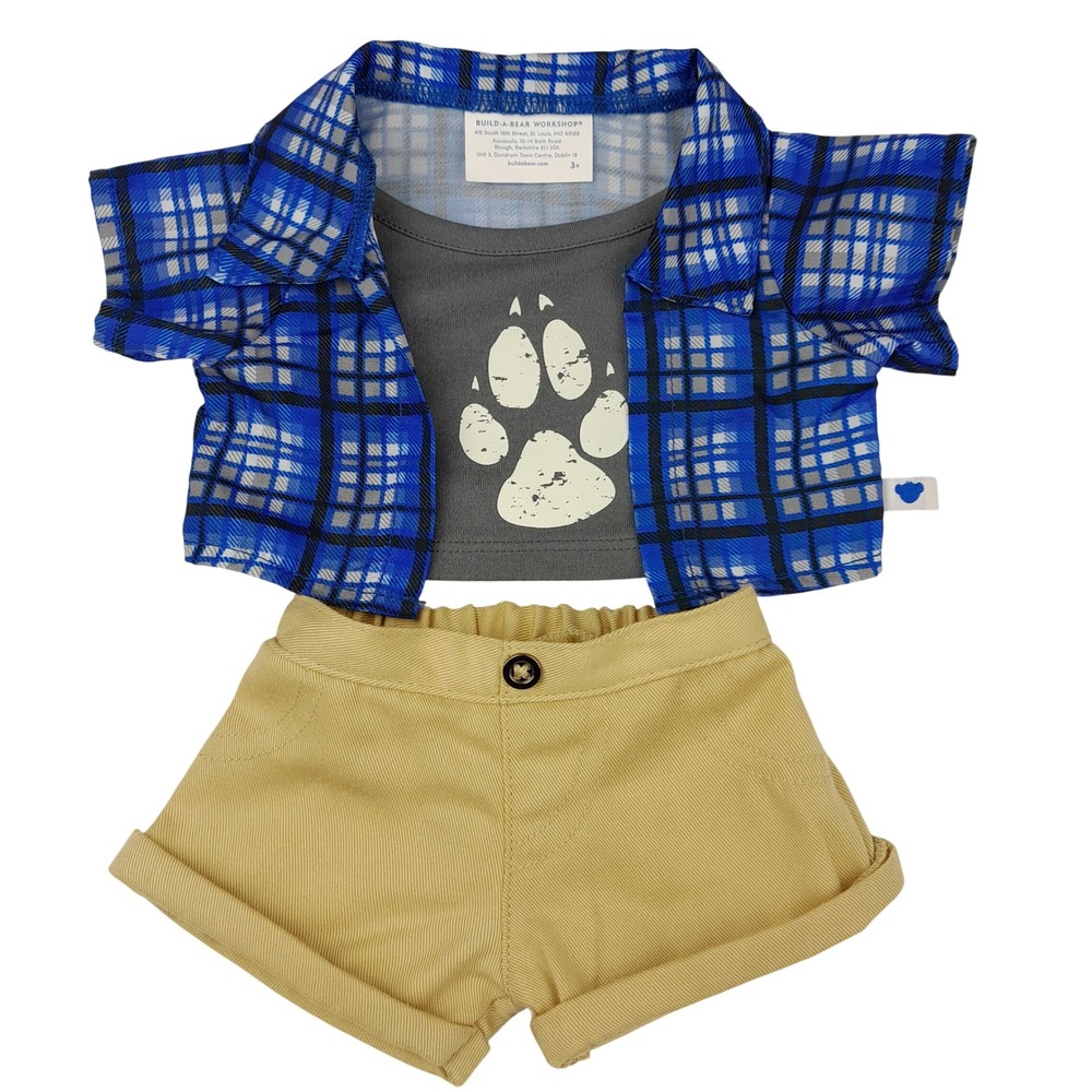 Build-A-Bear Workshop Blue Plaid Shirt Paw Print Tee and Khaki Shorts Outfit Set
